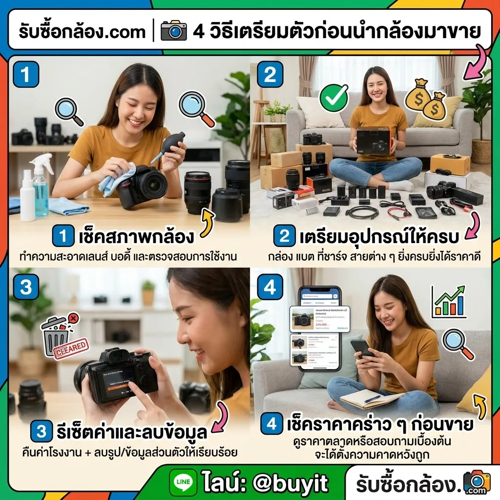 อินโฟกราฟิก 4 วิธีเตรียมกล้อง Insta360ก่อนขาย: ตรวจสภาพ เตรียมอุปกรณ์ ลบข้อมูลส่วนตัว และถ่ายรูปส่งประเมิน